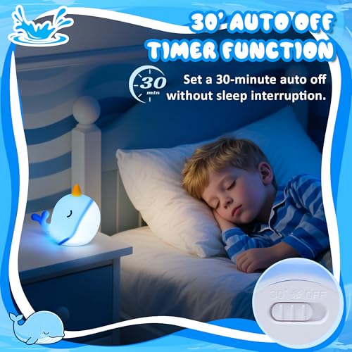 Image of Ammonite Blue Narwhal Night Light, Soft Silicone Whale Nursery Lamp with 3 Dimming Levels and 30-Minute Timer, Touch Control Nightlight for Bedroom Decor, Christmas Birthday Gift