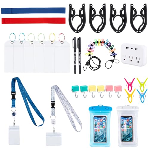 Cruise Ship Essentials 2026,Cruise Must Haves Kits with Non-Surge Protector Power Strip,Lanyards for Cruise Ship Cards,Waterproof Luggage Tags Phone Pouches,Magnetic Hooks,Towel Bands and Clips-32Pcs