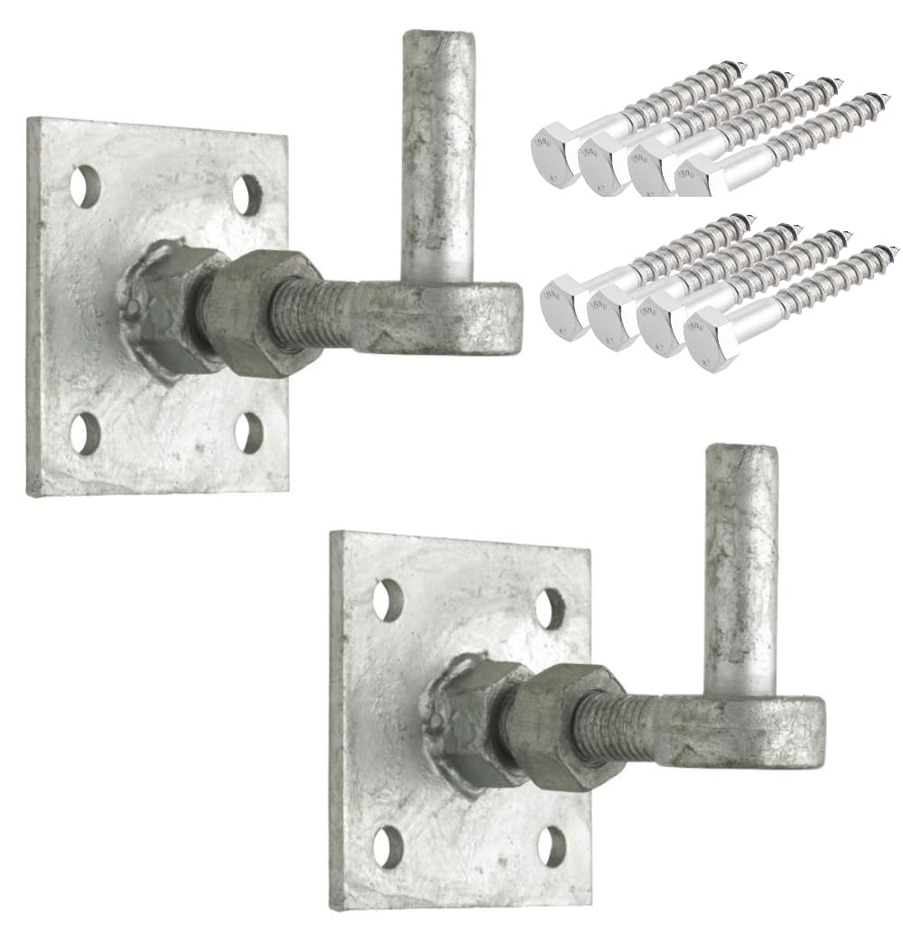 Epsom Door® Adjustable Hook on 4"x4" Plates (Pair) – Heavy-Duty Galvanised Steel Gate & Door Hinges | Rust-Resistant Adjustable Fit with Fixings | Ideal for Timber Gates, Stables & Barns