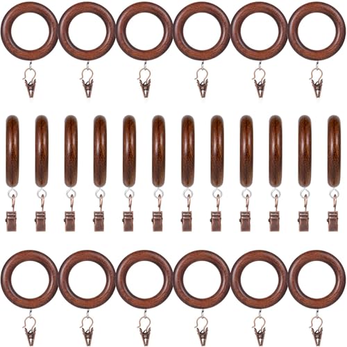 24 Pack Wooden Curtain Rod Rings with Drapery Clips Farmhouse Beech Wood Drapes Rings 1.8 Inch Interior Diameter Rustic for 1.4 Inch Curtain Rod Pole (Retro Brown Inner Dia 1.8 in)