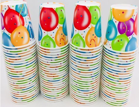 100-Pack Happy Birthday Logo with Assorted Balloons and Sparkles 9-Ounce Paper Hot/Cold Cups for Huge Birthday Parties and Birthday Celebrations