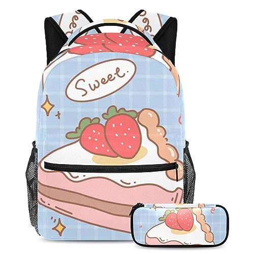 Sac à dos à gâteau aux fraises au design multicolore avec trousse assortie haute densité