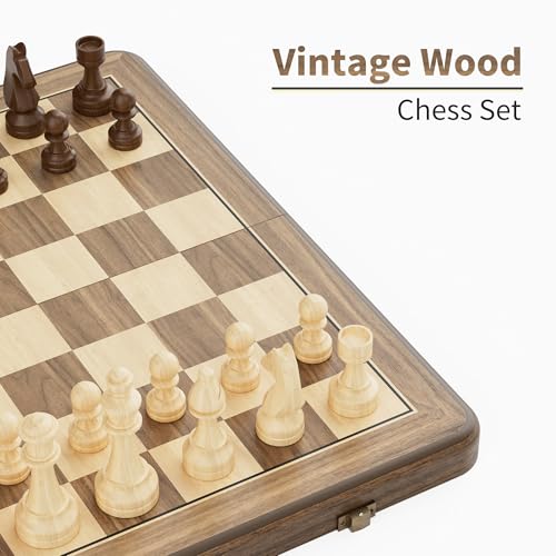 Image of 15 Inch Magnetic Wooden Chess Set, Rubberwood Folding Chessboard with Brown Dual-Sided Storage Trays, 2 Extra Queens & Dust-Proof Bag, Portable Travel Board Game(Vintage)