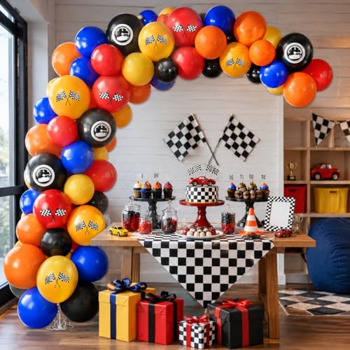 Image of Race Car Balloons, 12 Inch Blue Black Yellow Orange Red Checkered Flag Car Balloons for Boy Race Cars Themed Birthday Graduation Baby Shower Backdrop