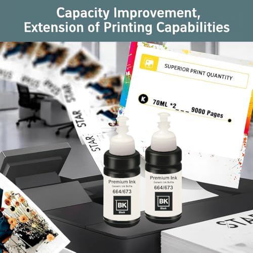 Image of KOSH T664 Refill Ink Compatible for Epson L130, L310, L361, L380, L405, L565, L365, L485, L220, L360, L130, L130 and L380 Printers (2, Black Pack of 2)