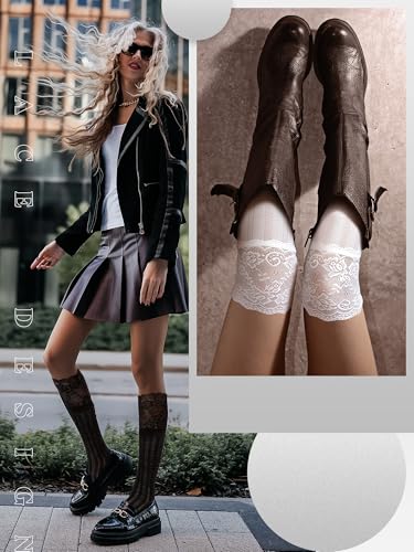 6 Pairs Women's Lace Socks Lace Thigh High Socks with Trim Lolita Stocking Long over Knee Stocking for Women, Black White, Gray4