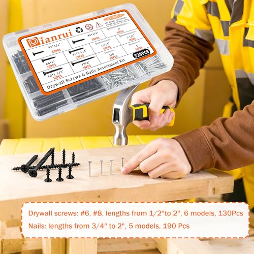 Image of Dianrui Nails & Wood Screws Assortment Kit, 320 PCS #6#8 Philips Black Drywall Screws Set and High Hardness Hardware Small Nails for Picture Hanging /DIY Repair Project Length 1 /2 inch to 2 inch