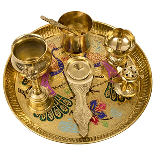 Image of Spillbox Traditional Handcrafted Brass Puja | Pooja Thali | Arati | Arathi | Arthi | Arti | Arathi | Bartan Thambulam Plate Set for Several Occasions Like - Diwali Gift- Peacock Ppset