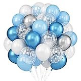 Frozen Balloons 50 Pack 12 Inch Snowflake Confetti Balloons, Blue and White, Balloon Chrome Silver & Blue Balloons for Birthday Party, Frozen Party Baby Shower, Winter Wonderland, Christmas Party