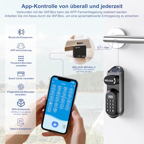 WELOCK U81 Smart Lock,Türschloss Fingerabdruck,Elektronisches Türschloss Code mit RFID Karte,APP und WiFi,Fingerabdruck Schloss Haustür IP65,Smartes Schloss Schließzylinder für Türen von 50-95mm – Bild 5