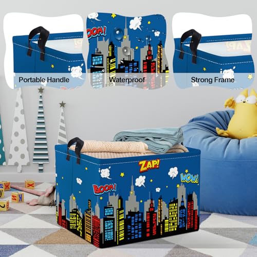 Clastyle Blue City Skyline Hero Kids Laundry Hamper for Boys Waterproof Foldable Clothes Toy Shelf Storage Basket for Baby Nursery Room Skyline - Image 4
