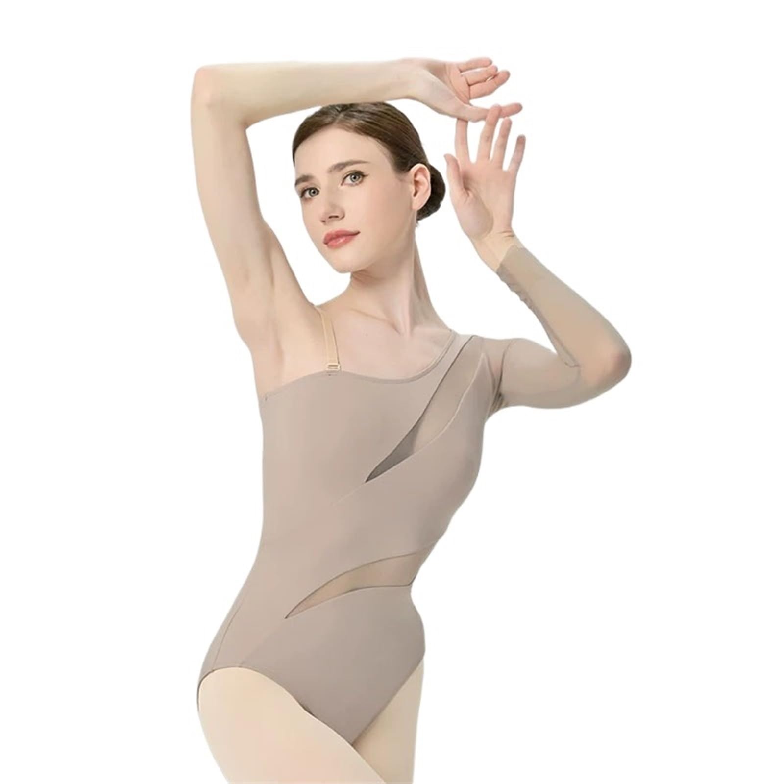 Maillot Gimnasia Ritmica Niña Mono de ballet for niñas, de malla, con mangas largas irregulares y mangas oblicuas.