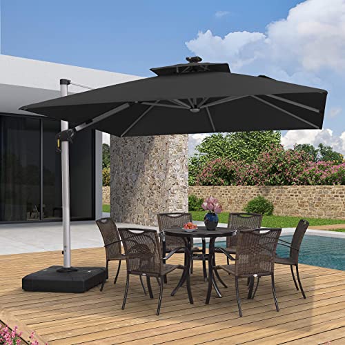 Purple Leaf 10 Feet Double Top Deluxe Solar Powered Led Square Patio Umbrella Offset Hanging Umbrella Outdoor Market Umbrella Garden Umbrella, Black #TOP1
