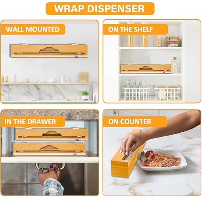 Bamboo Long Wrap Organizer Dispenser with Cutter for Kitchen Storage (3 Deep Drawer) for 15 Rolls, Reusable Mountable Space Saver for Saran Wrap, Aluminum Foil, Tin Foil, Wax Paper, Parchment Paper