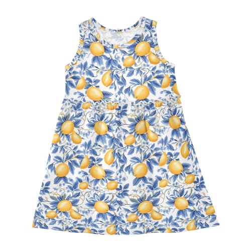 ALAZA Lemon Blue Leaves Girls Toddler Casual Dress for Summer Sleeveless Dresses Sundress 2-8 Years