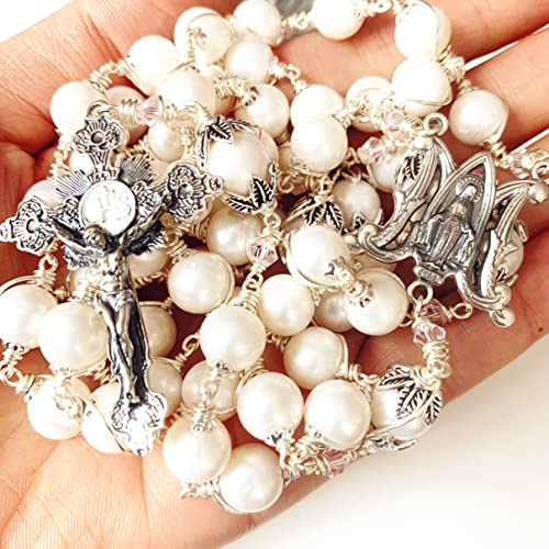 elegantmedical Handmade Sterling Silver White Pearl Beads Catholic Rosary Necklace Cross Crucifix Gift Box3