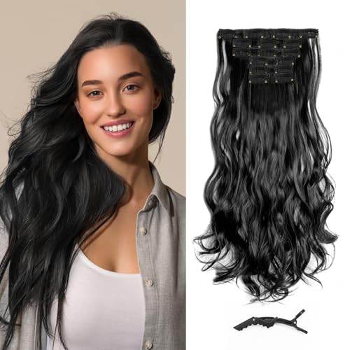 Z-CHARMMY Wavy Hair Extensions Clip Ins, Black Long Hairpieces for Women, Curly Clip-on Extensions, 6 Pieces
