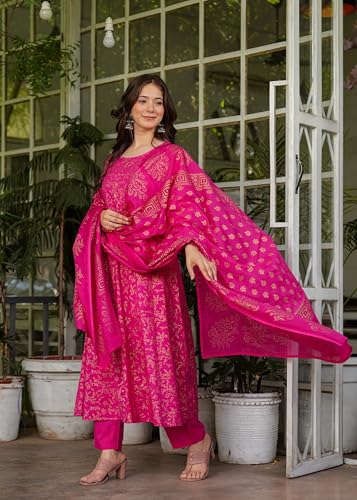 Image of PARTHVI Women's Printed Cotton Anarkali Kurta & Pant With Dupatta Set