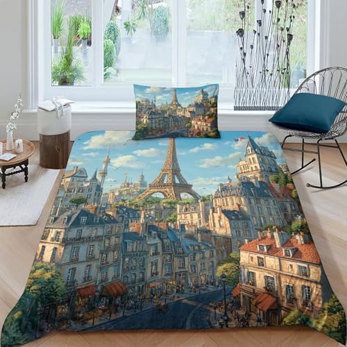 Torre Eiffel Bedding Set, Juego De Sábanas De Cama Microfibra Suave, Edredón Y Fundas De Almohada, Ropa De Cama para Niños Y Niñas, Duvet Cover Set Fácil De Cuidar Single（135x200cm）