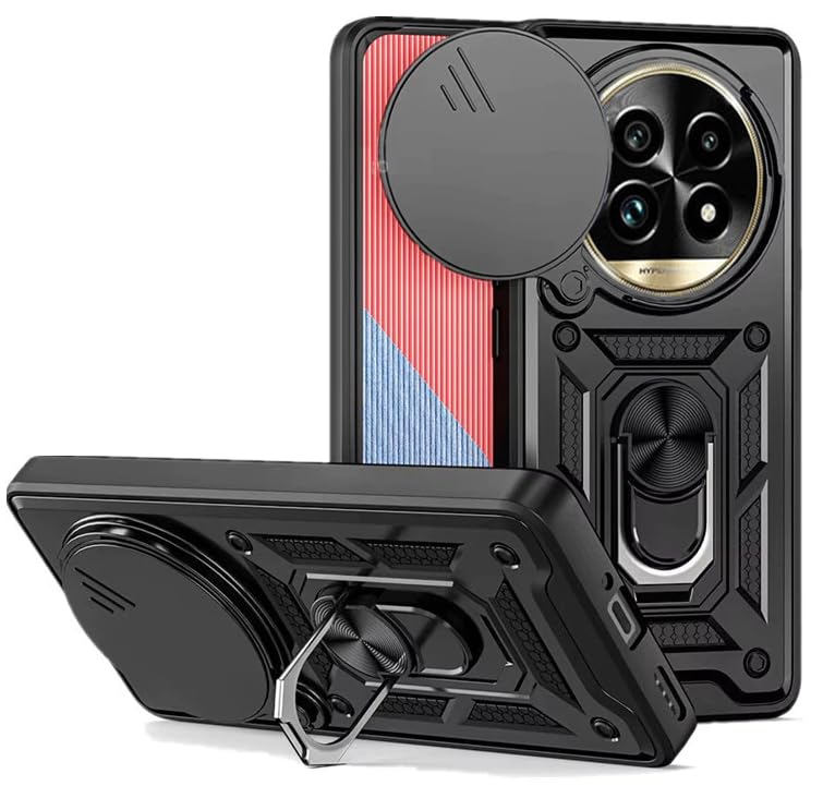 Image of SPAZY CASE Realme 13 Pro 5G / 13 Pro Plus 5G Back Cover | Heavy Duty Hybrid Case with 360 Degree Rotating Finger Ring Holder + Slider Shutter Camera Protection Case - Black