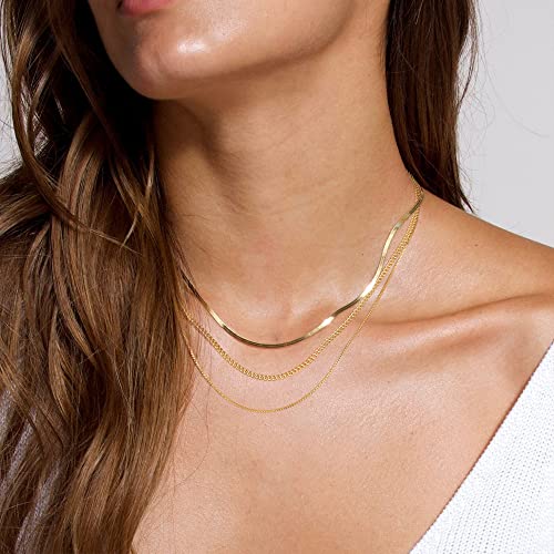 Image of Freekiss Layered Necklace Set for Women Stackable | Herringbone Snake Cuban Rope Chain, Dainty Choker, Layered Stackable, Non Tarnish, Hypoallergenic, Adjustable 14-18.5 inch