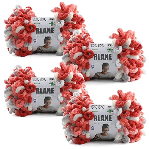 Image of Loop Yarn for Finger Knitting Soft - Chunky Yarn for Hand Knitting - 4 Pack of 180 G /6.4 Oz - #7 Jumbo - 18 Yards - Chenille Blanket Yarn for Crocheting Blankets (4, Red - Gray - White)