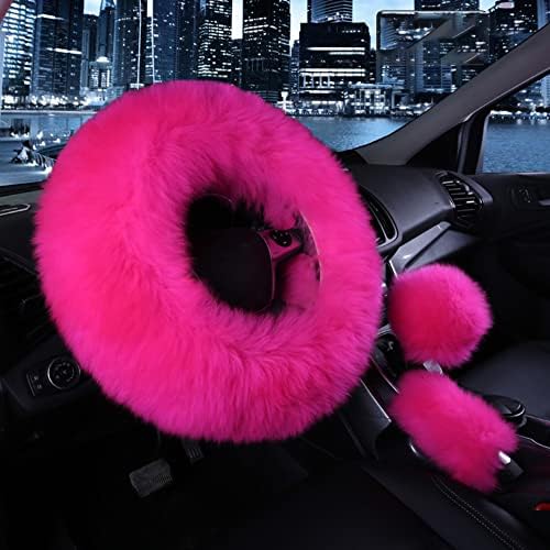 Younglingn Car Steering Wheel Cover Gear Shift Handbrake Fuzzy Cover 1 Set 3 Pcs Multi-Colored with Winter Warm Pure Wool Fashion for Girl Women Ladies Universal Fit Most Car(Rose red)