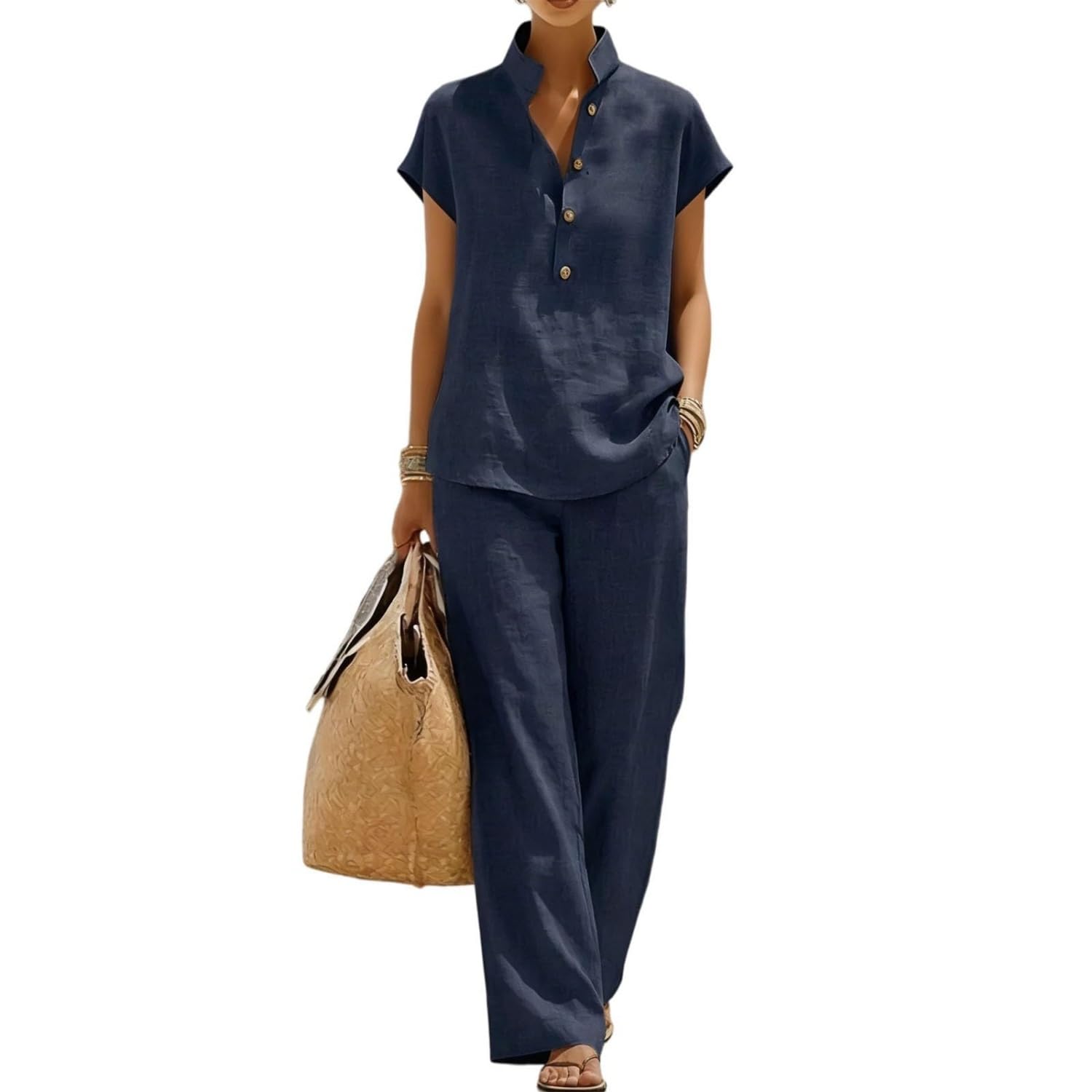 Conjunto de dos piezas de lino y algodón con mangas murciélago para mujer: camisa informal y pantalón de pierna ancha, traje de lino informal de verano, mangas murciélago de 3/4