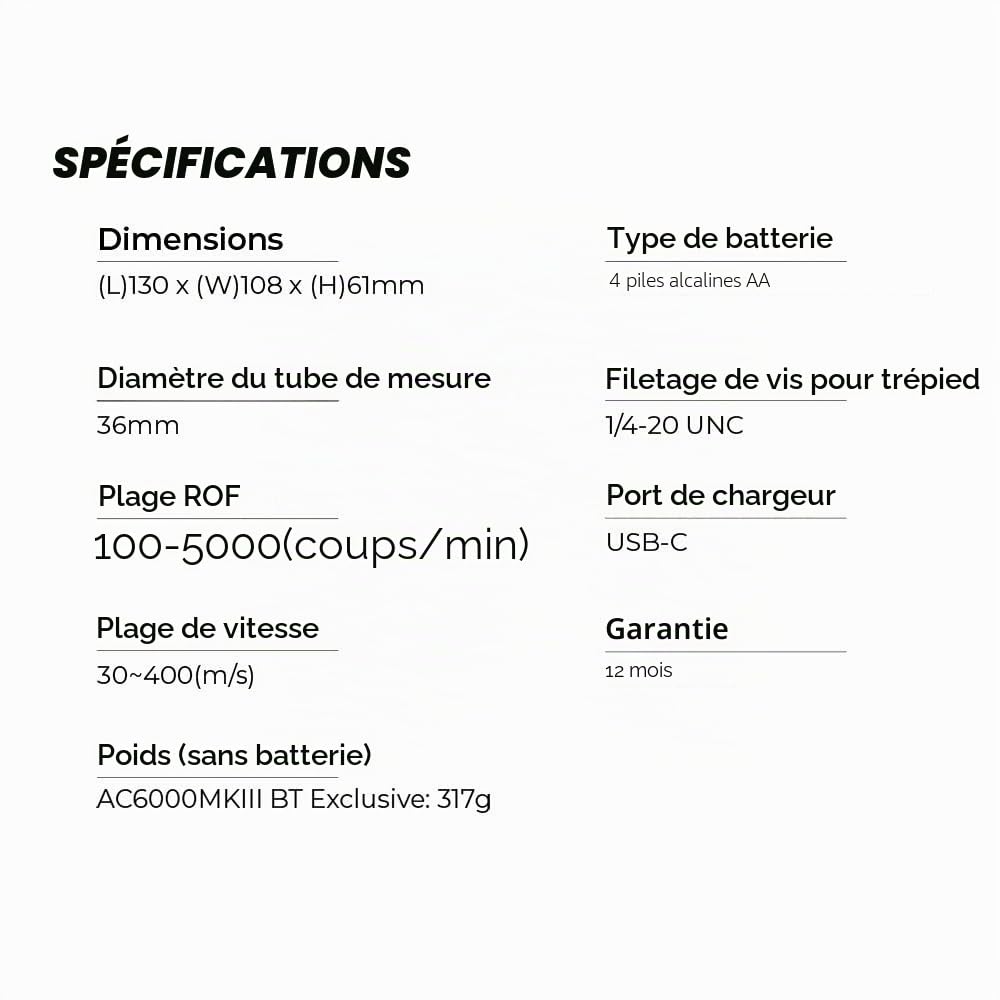 ACETECH Chronographe Airsoft AC6000MKIII testeur de Vitesse de tir 30 à 400 m/s avec écran LCD Couleur Compatible Billes BB 4,5 mm / 6 mm / 8 mm / 9 mm
