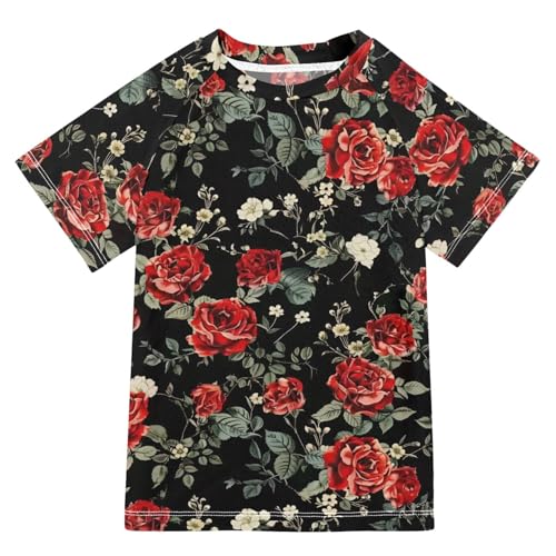 ALAZA Kids Rash Guard Toddler Swim Shirt Boy Girls Red Roses Black UPF 50+ Short Sleeve 4T