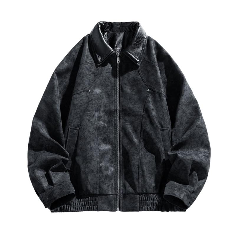 bifanxi Men’s Retro Leather Motorcycle Jacket Lapel Rivet Coat Contrast Color Autumn Winter Top-picture-12
