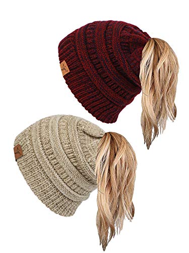 Soul Young Ponytail Messy Bun Beanie Tail Knit Hole Soft Stretch Cable Winter