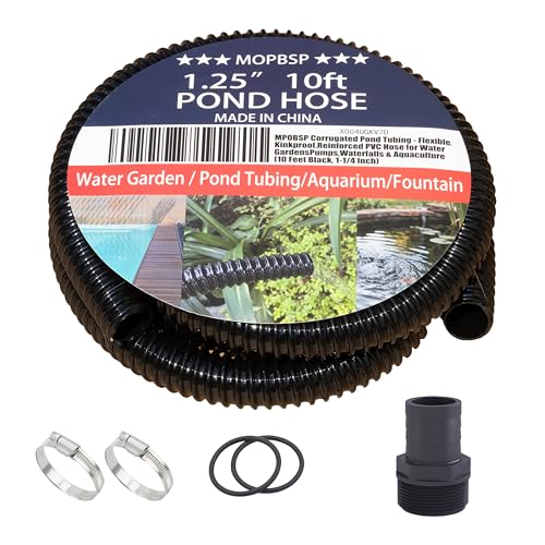 MPOBSP Corrugated Pond Tubing - Flexible Kinkproof Reinforced PVC Hose for Water Gardens Pumps Waterfalls & Aquaculture (10 Feet Black 1-1/4 Inch)