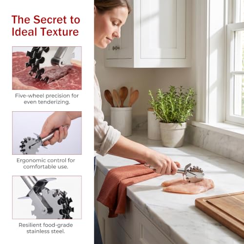 Image of Meat Tenderizer Tool Stainless Steel Rolling Meat Tenderizer Tool for Steak Chicken Pork Beef, Professional Roller Hammer Pounder with Blades for Marinating & Tenderizing