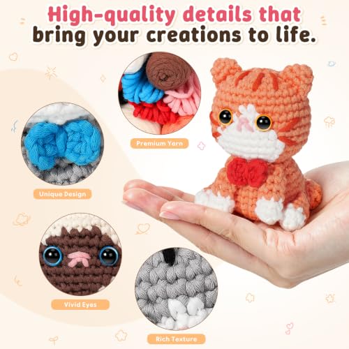 Image of Fortuning's JDS Crochet Kit for Beginners, 3 Cat Crochet Animal Kit Starter | w / Step-by-Step Video Tutorials, Beginner Crochet Kit for Adults, Bow-Wearing Cat Crochet Set, Crochet Gifts for Cat Lovers