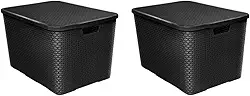 Kit 2 Caixas Organizadoras Rattan Com Tampa 42 Litros Grande Preto