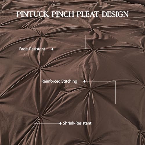Image of Andency Queen Pinch Pleat Comforter Set (90 inchx90 inch),3 Piece Lightweight Pintuck Bedding Comforters & Sets, Fluffy Down Alternative Comforter with 2 Pillow Shams for All Season,Brown