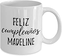 Vista 2 de Feliz Cumpleanos Madeline Mug Spanish Happy Birthday Personalized Name Gift Coffee Tea Cup 11 oz