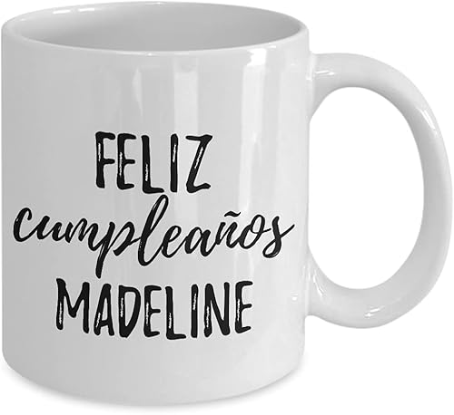 Vista 2 de Feliz Cumpleanos Madeline Mug Spanish Happy Birthday Personalized Name Gift Coffee Tea Cup 11 oz