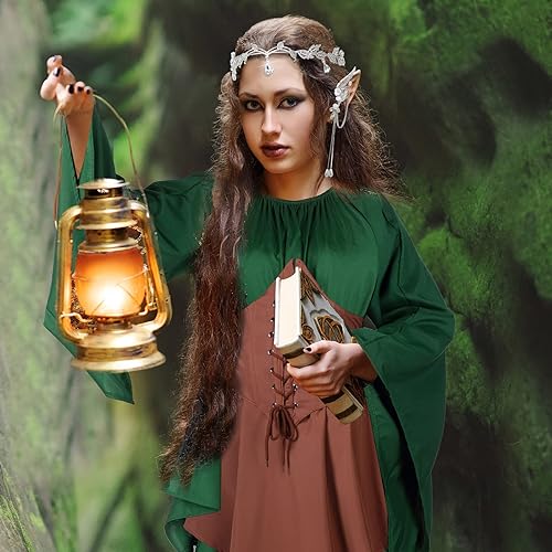 Image of 4 Pcs Women Elf Costume Renaissance Traditional Irish Dress Fairy Costume Elf Ear Cuffs for Women Halloween Cosplay Party