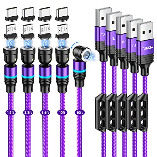 540Â° Magnetic Charging Cable (5-Pack 1.6ft/3.3ft/6.6ft/10ft/10ft) 3A Fast Charging Data Transfer USB Magnetic Cable Nylon Braided Magnetic Phone Charger Cable for Type C Micro USB