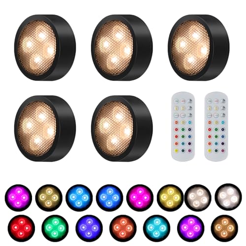 5 Pack Puck Lights, Under Cabinet Lights with Stick On & Tap Light Push Features, 15 Colors Changeable LED Bulbs - Battery Operated, Dimmable with Timer for Kitchens, Closets & Shelves
