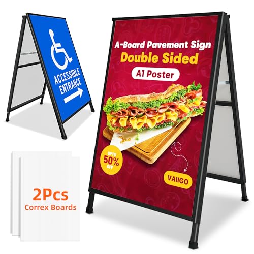 VAIIGO Marco de letrero de pavimento A1 A-Board de doble cara, soporte de póster resistente con 2 hojas de plástico corrugado para publicidad al aire libre, ventas, negocios