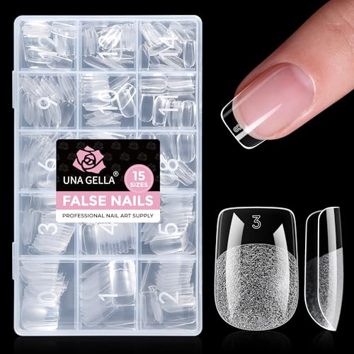 UNA GELLA Gel Nail Tips Square Short 15 Sizes Short Square Press on Nails Pre Etched 300pcs Soft Gel Fake Nails Full Cover For Nail Extension Home DIY Salon for Flat & Curved Nail Beds