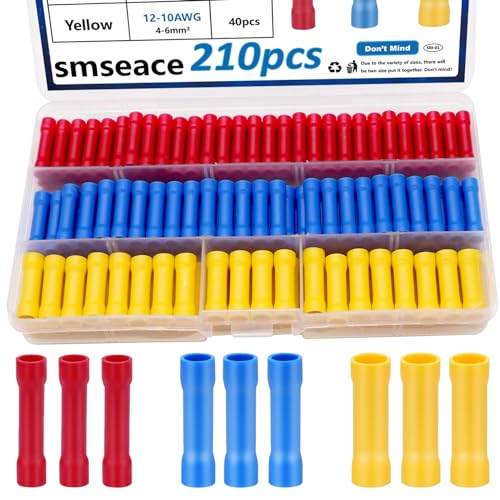 smseace 210 Pcs Butt Splice Connectors Kit 22-10AWG Butt Wire Connectors Assorted Butt Splice Crimp Connectors Wiring Straight Crimps Terminals for 22,20,18,16,14,12,10 Gauge Wires