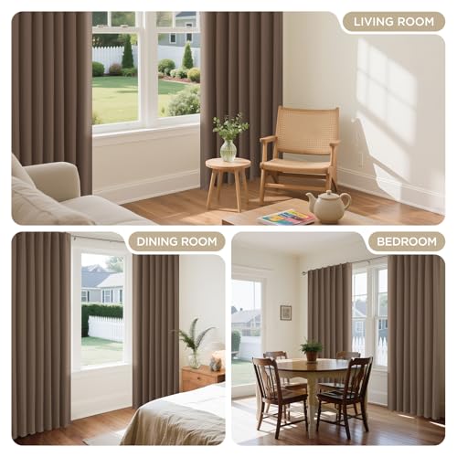 Image of Joydeco Curtains with Concealed Loops, Set of 2, H 200 x W 140 cm, Khaki Blackout Opaque Curtain Rod Pocket Curtains, Blackout Curtains, Bedroom, Living Room