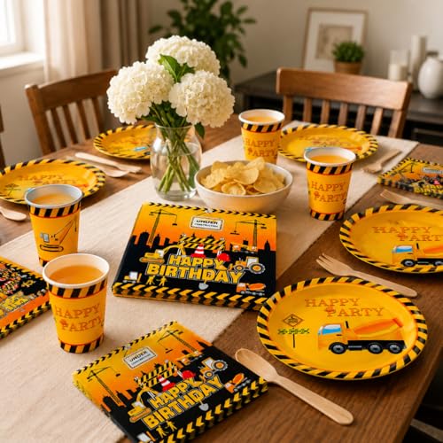 Image of Rozi Decoration Construction Theme Birthday Party Supplies Set, 40 Pieces with 10-inch Plates, 8-inch Cups and Napkins, Yellow and Black
