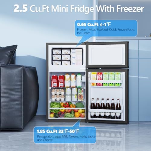 Image of Electactic 2.5 Cu.Ft Mini Fridge with Freezer, Double-Door Compact Refrigerator, Adjustable Glass Shelves, Mechanical Thermostat & Leveling Feet, Space-Saving for Apartment /Dorm /Office, Black