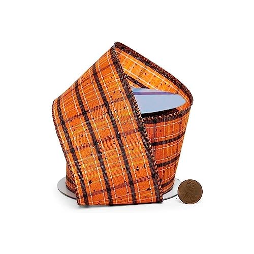 Image of Glitter Orange Wired Halloween Ribbon - 2 1 /2 inch x 10 Yards, Orange, Yellow & Black Plaid, Spring, Fall Decor, Thanksgiving, Christmas, Wreath, Easter