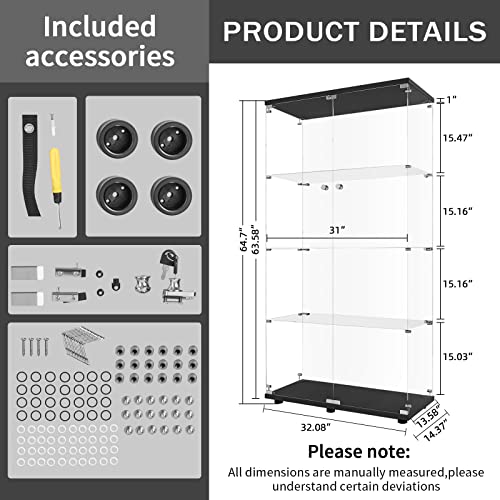 Lft Huimei2Y Glass Display Cabinet 4-Shelf With Double Door, Curio Cabinets Fast Installation In 30 Mins, 5Mm Tempered Glass Floor Standing Bookshelf For Bedroom, Living Room 64.7”X 32”X 14.4” Black #TOP3